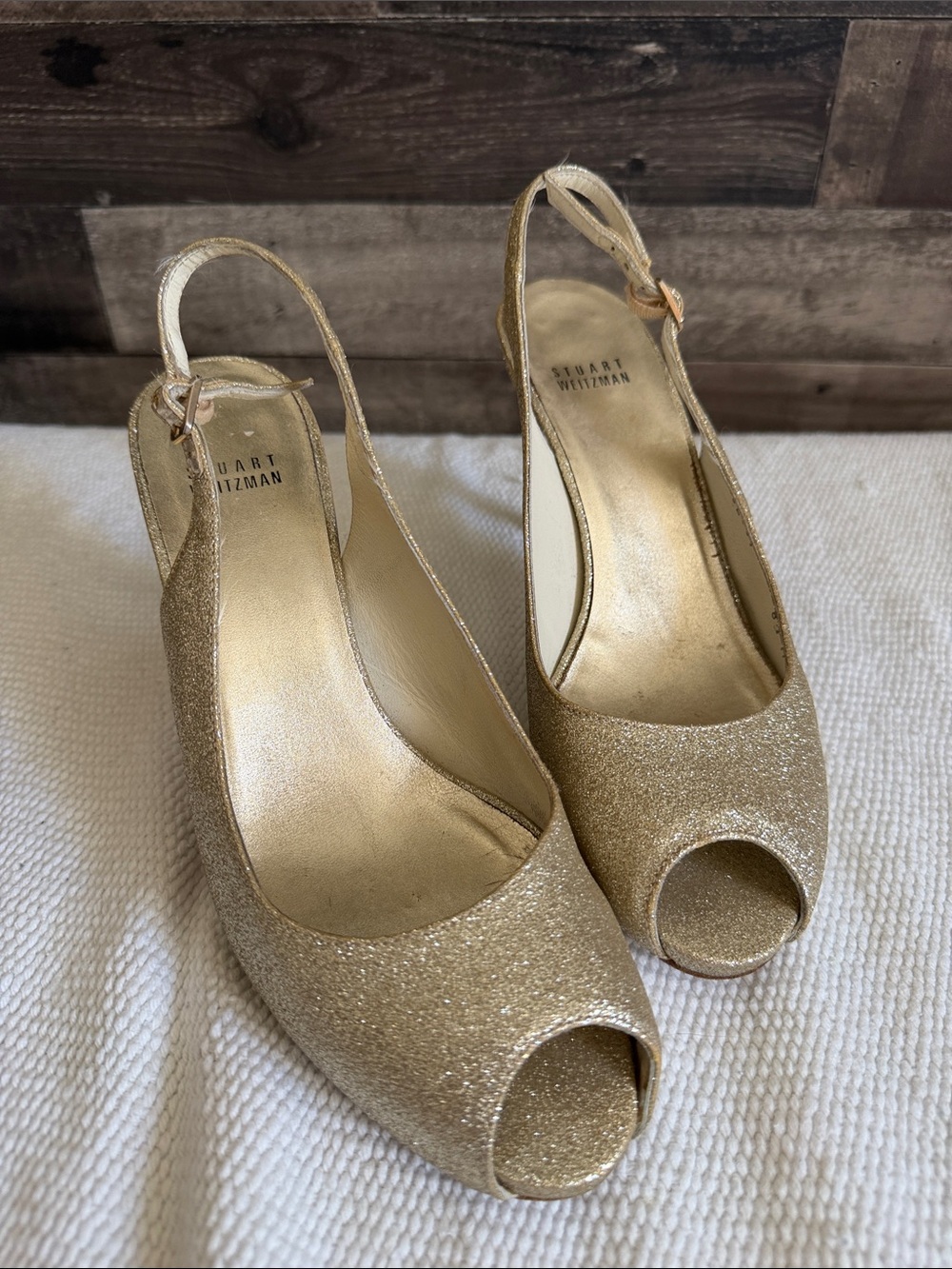Stuart Weitzman Gold Glitter Peep-Toe Slingback Heels